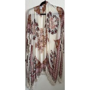 Say What? Womens Bohemian Medallion Print Kimono Wrap Tassel Fringe Cream Red